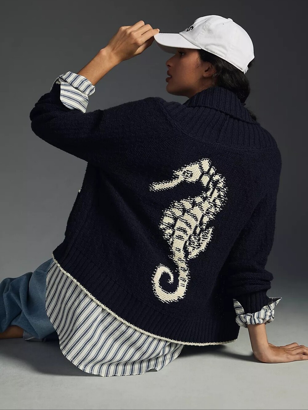 Anthropologie Maeve Seahorse Cardigan Sweater Navy Blue Coastal Yacht Club Sz M
